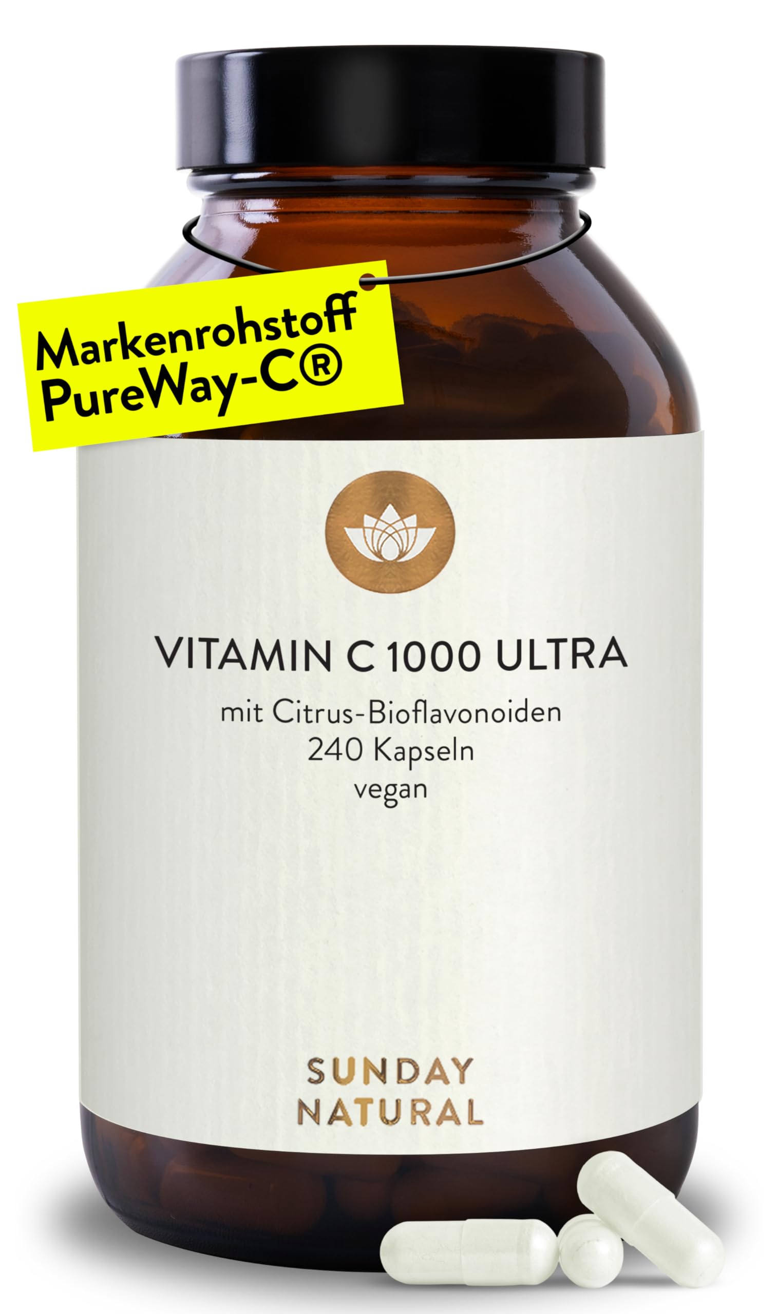 SUNDAY NATURAL® Vitamin C – 1000 mg Vitamin C – exklusiver PureWay® Komplex aus den USA – schnelle Absorption, mit Bioflavonoiden – laborgeprüft, ohne unnötige Zusätze – 240 Kapseln