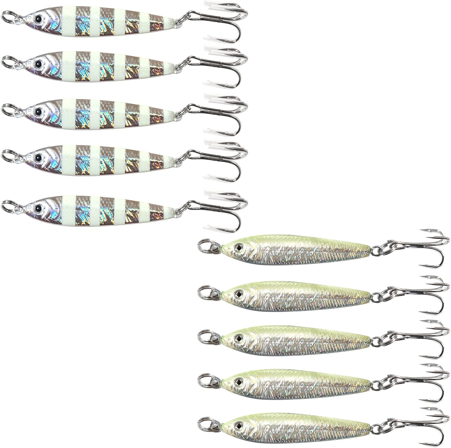 10pcs Glow Silver 1.5oz Fishing Metal Bait Jig 1-1/2oz Mega Live Lure with a Treble Hook - Glow in The Dark