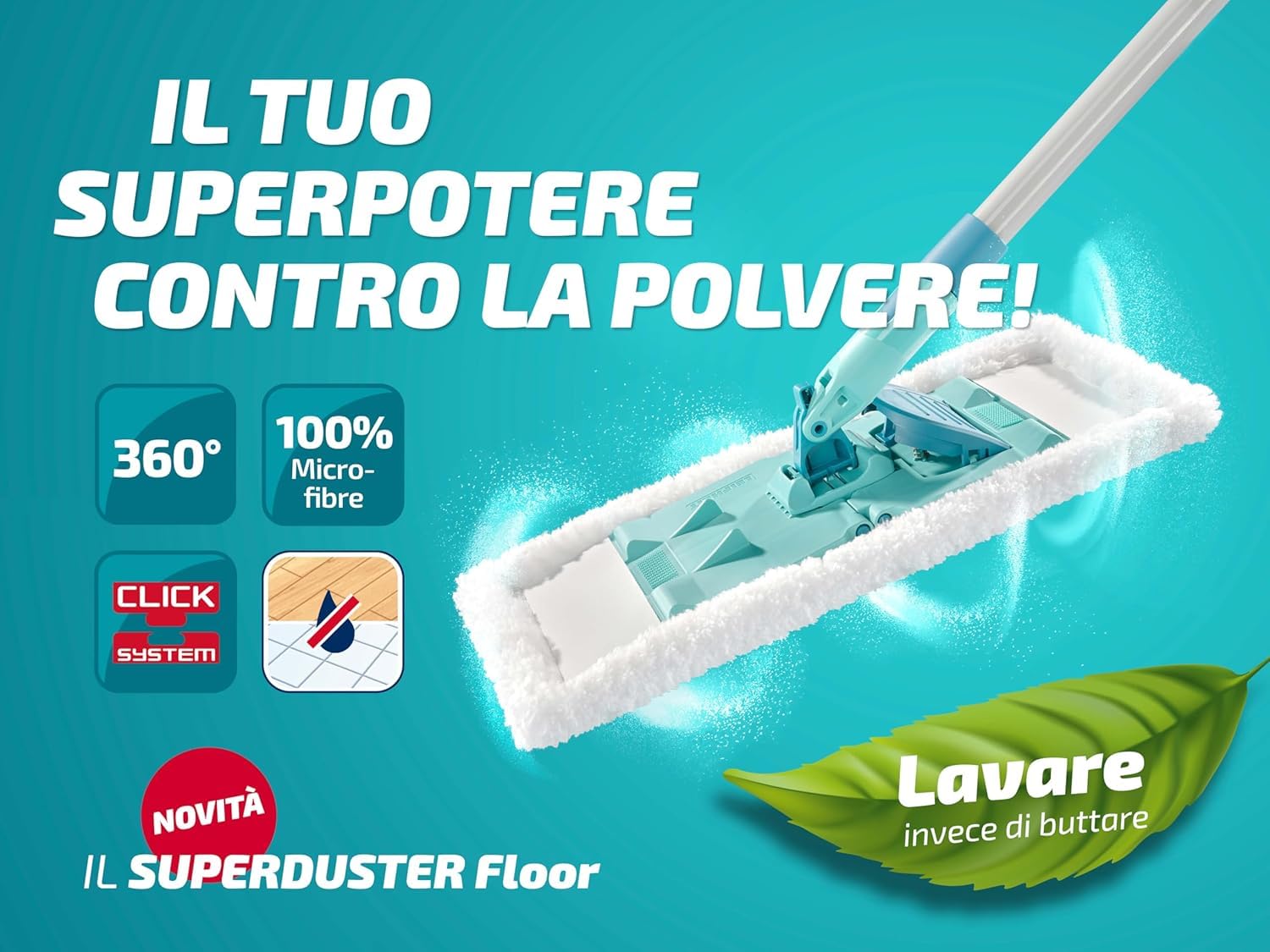 Leifheit Mop per la Polvere SUPERDUSTER Floor, 100% Microfibra | Lavabile fino a 100 volte a 40 °C, snodo 360°, larghezza 38 cm, manico 148 cm, compatibile con Click System e POWER CLEAN