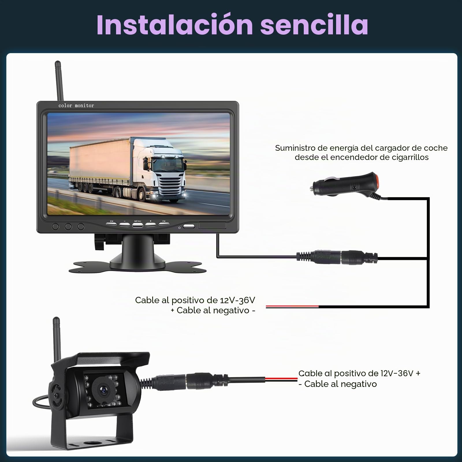 Inefala Cámara de Marcha atrás inalámbrica con 7 Pulgadas HD IPS Monitor, IP68 a Prueba de Agua de visión Nocturna del Coche cámara de visión Trasera para automóviles Camión SUV Furgonetas