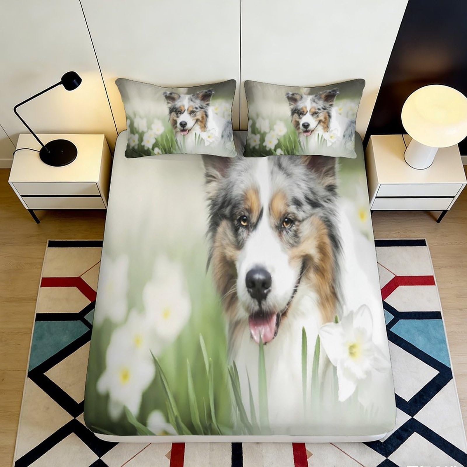 3D Printed Australian Shepherd Dog Fitted Sheet Microfiber Soft Breathable Floral Bed Cover for Bedroom Dorm Dormitory Guest Room Protection Decor 140x200x25cm