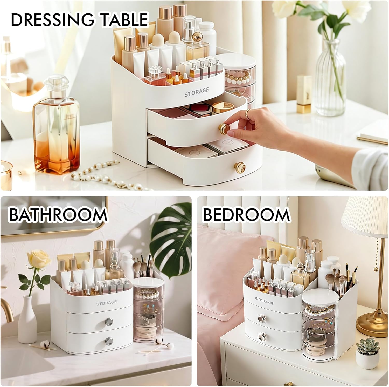 Makeup Organizer Countertop with Drawers, Make up Organizers for Vanity, Skincare Jewelry Earring Organizers, Cosmetic Display Cases Makeup Storage for Bedroom & Bathroom, Ideal Gifts for Women(White)