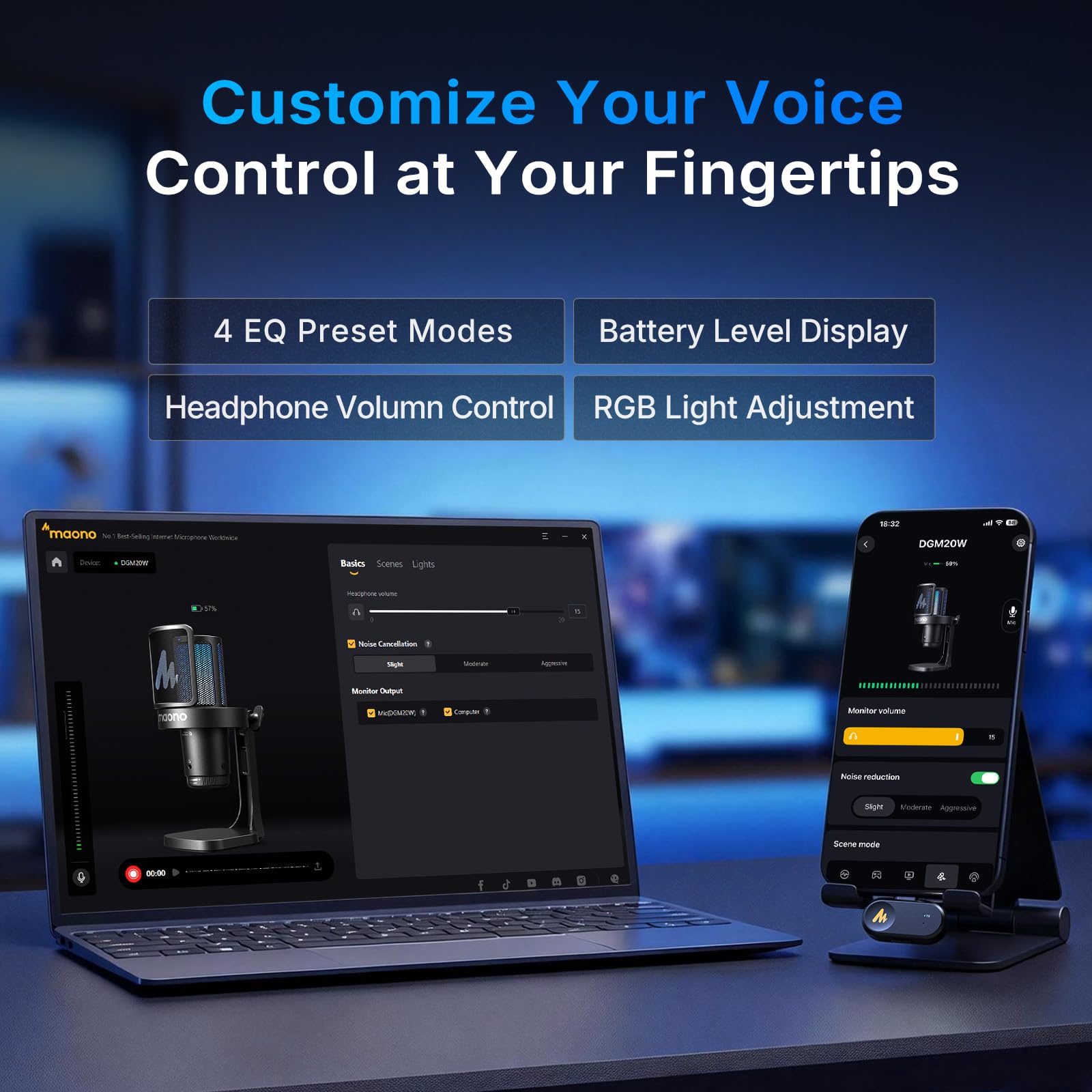 MAONO DGM20WS Wireless Mikrofon für PC, USB Mikrofon mit Mikrofonarm für Gaming & Streaming, Touch-Geräuschunterdrückung, Schnell-Stummschaltung, Gain-Regelung, RGB, Mikrofon für PS5, Twitch & Discord