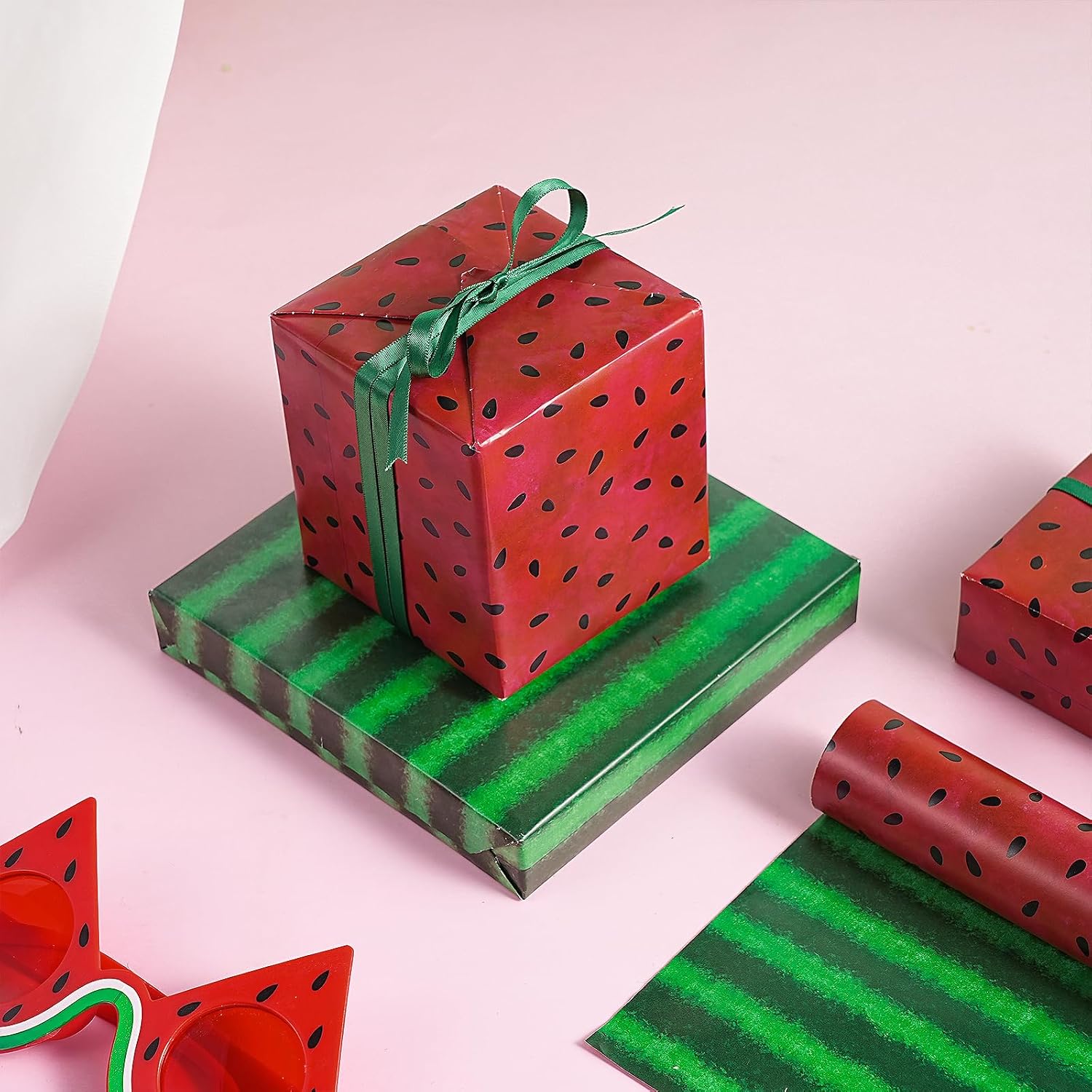 RUSPEPA Fun Summer Fruit Reversible Wrapping Paper Roll, Mini Roll, Watermelon Seed Red & Green Stripe Double-Sided Gift Wrap for Kids, Birthday, Party & Seasonal Wrapping, 17 Inches x 16.4 Feet