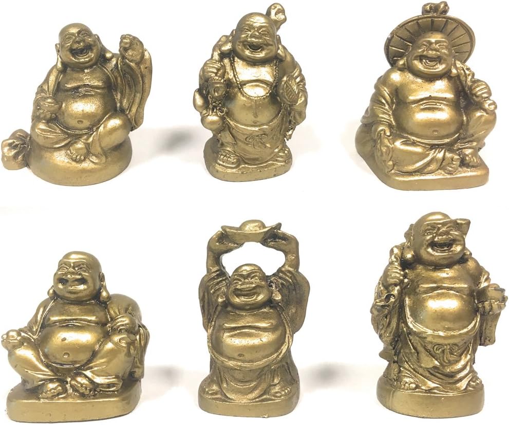 Amlong Crystal Laughing Buddha Figurine 2 inch Statue, 6 Piece Set, Gold