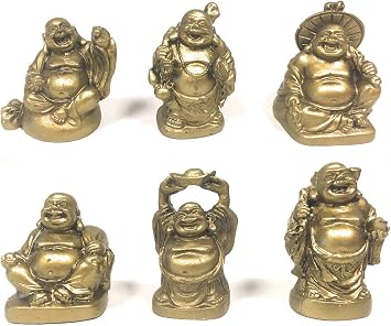 Amlong Crystal Laughing Buddha Figurine 2 inch Statue, 6 piece Set, Gold