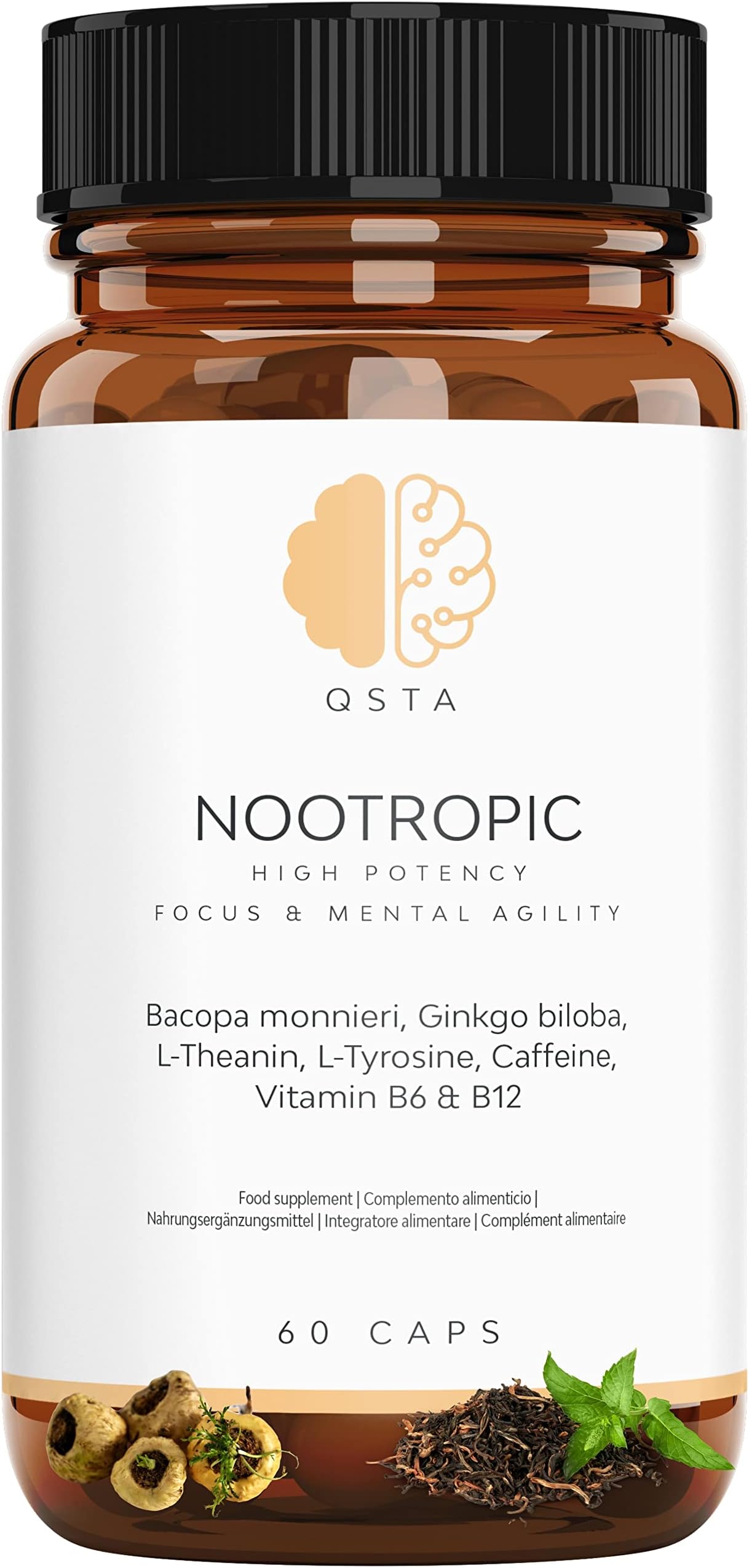 Nootropic Focus, Very High Potency Daily Cognitive Enhancer for Increasing Energy, Focus, Brain Function, Mental Alertness & Memory, Bacopa monnieri, Ginkgo, Tyrosine, Theanine, Caffeine, B6 & B12