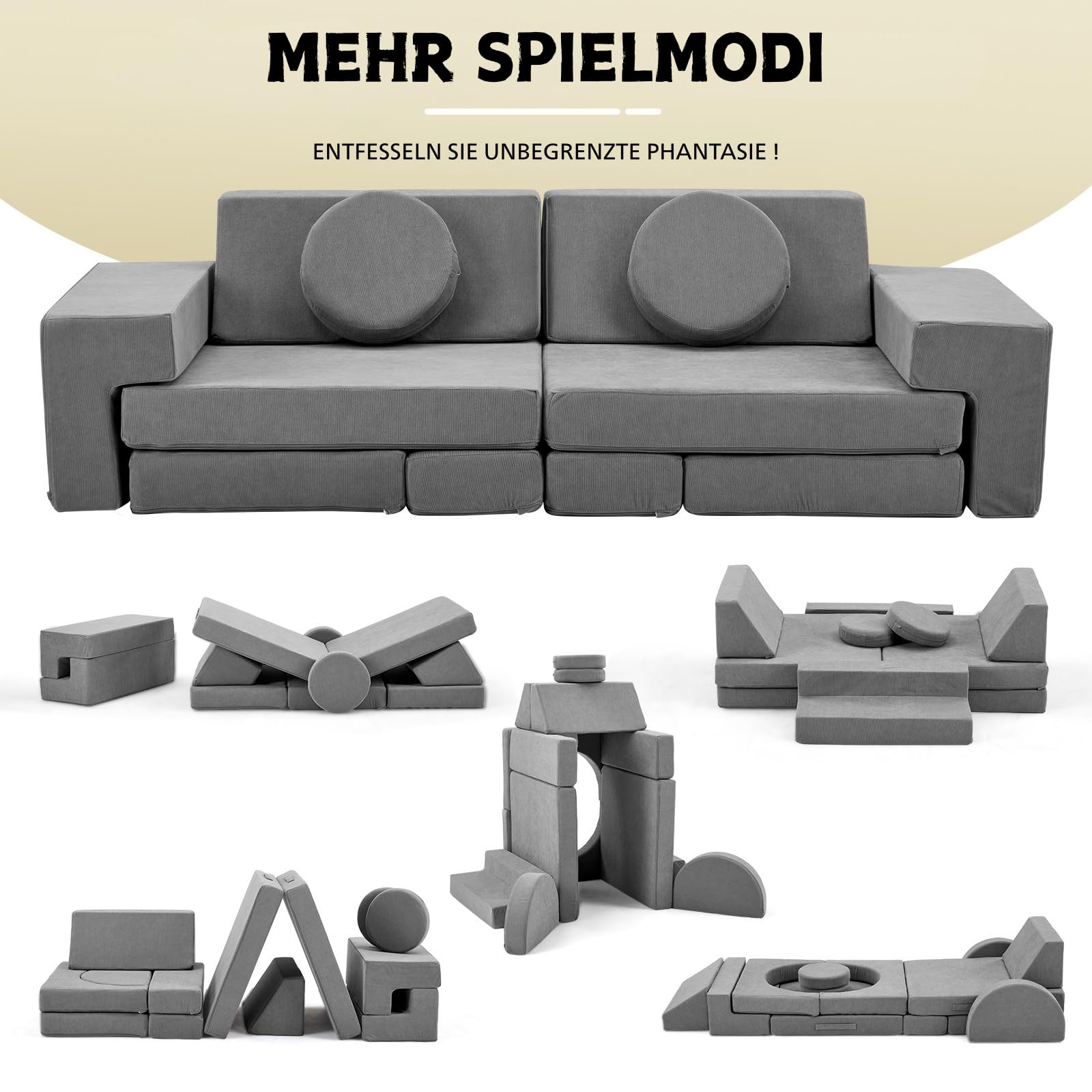 LALAHO Kindersofa Spielsofa für Kinder aus Kordsamt Cord，Klappbar Schaumstoff Bausteine kindercouch & Kindersessel，Vielseitige über Frei Baubare DIY，für Kinder für Spielzimmer，Schlafzimmer Möbel（Grau）