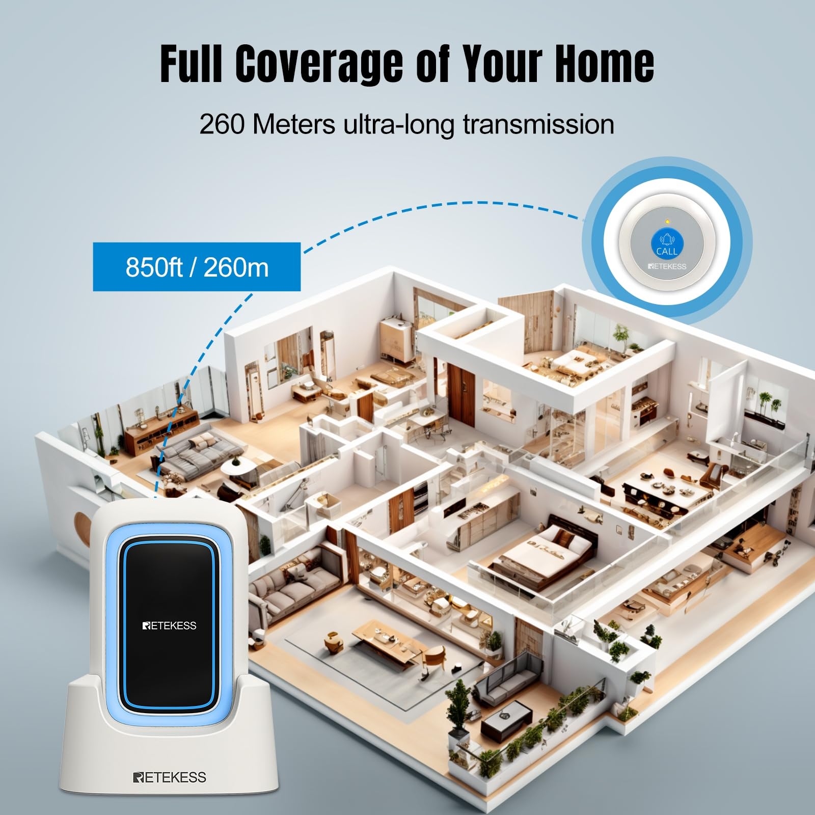 Retekess TH109 Pulsante Di Chiamata Wireless, Pulsante di Chiamata Per Anziani, Distanza di Comunicazione di 850 Piedi, Allarme Multimodale, Assistenza Domiciliare (1 Pulsante e 1 Ricevitor)
