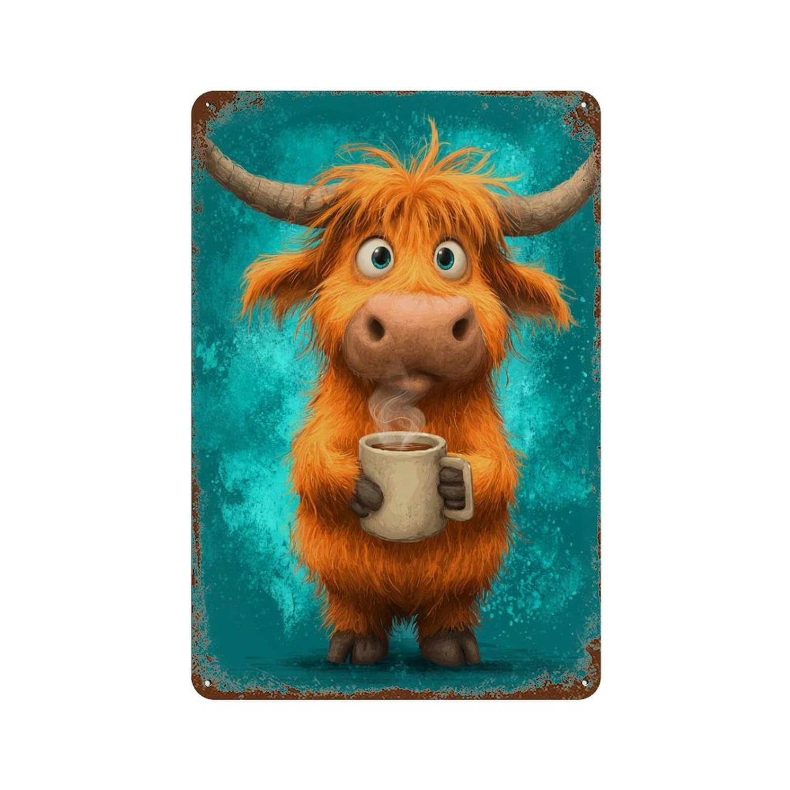 Cute Highland Cow with Coffee Mug Aged Metal Wall Plaque 11.8"x7.9", Classic Wall Plaque for Garage, Pub Or Kitchen