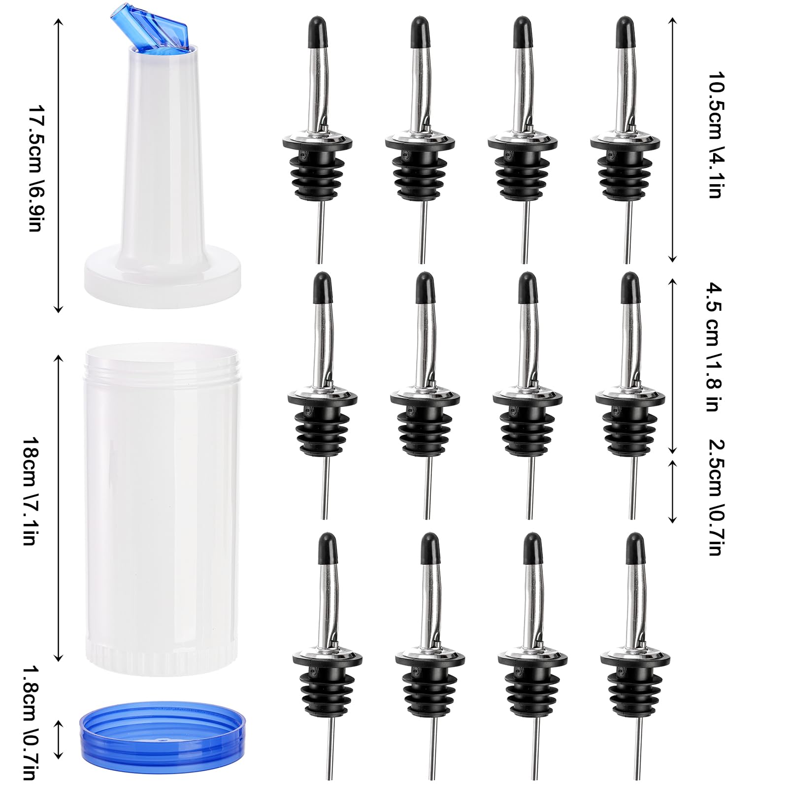Paquete de 6 botellas de plástico para verter jugos con 12 botellas de acero inoxidable, dispensadores de jugo de plástico de 34 onzas para bar, hogar, cocina, suministros de fiesta 2