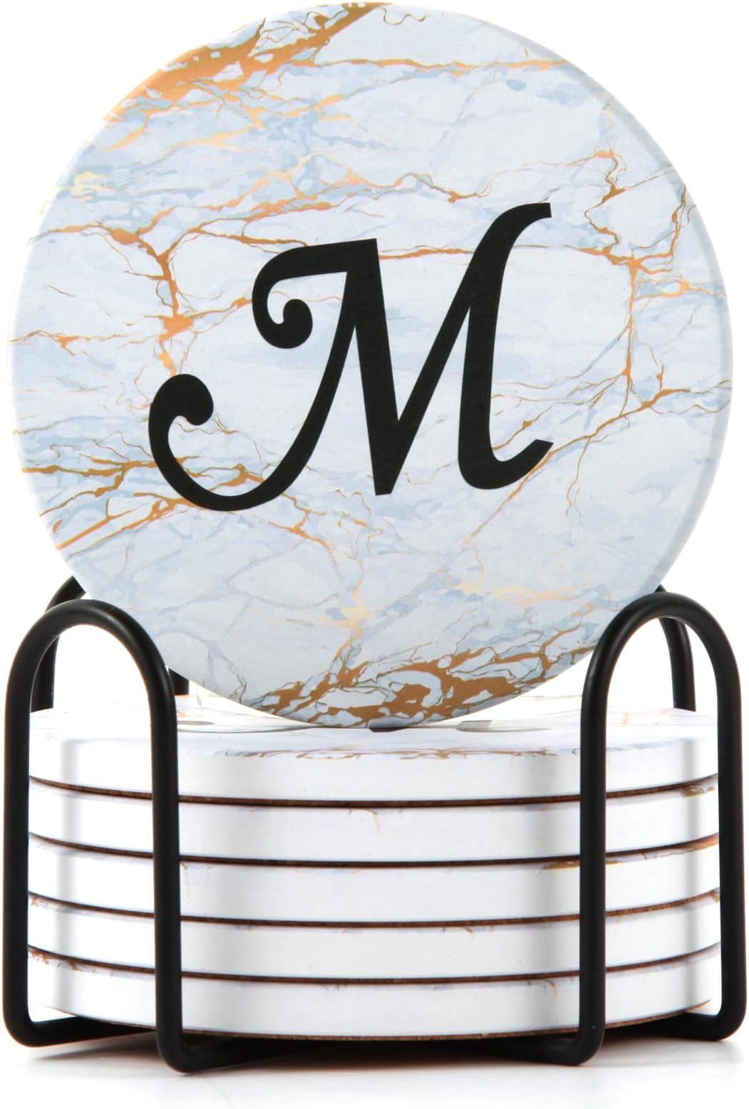 Monogrammed Coasters for Drinks Absorbents with Holder, Set of 6 Ceramic Marble Style Drink Coaster with Cork Base,Personalized Coasters Customizable with Name, Housewarming Gifts