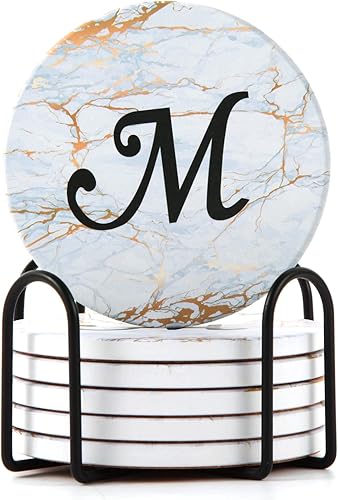 Miniatura 1 de Posavasos con monograma para absorbentes de bebidas con soporte, juego de 6 posavasos de cerámica estilo mármol con base de corcho, posavasos