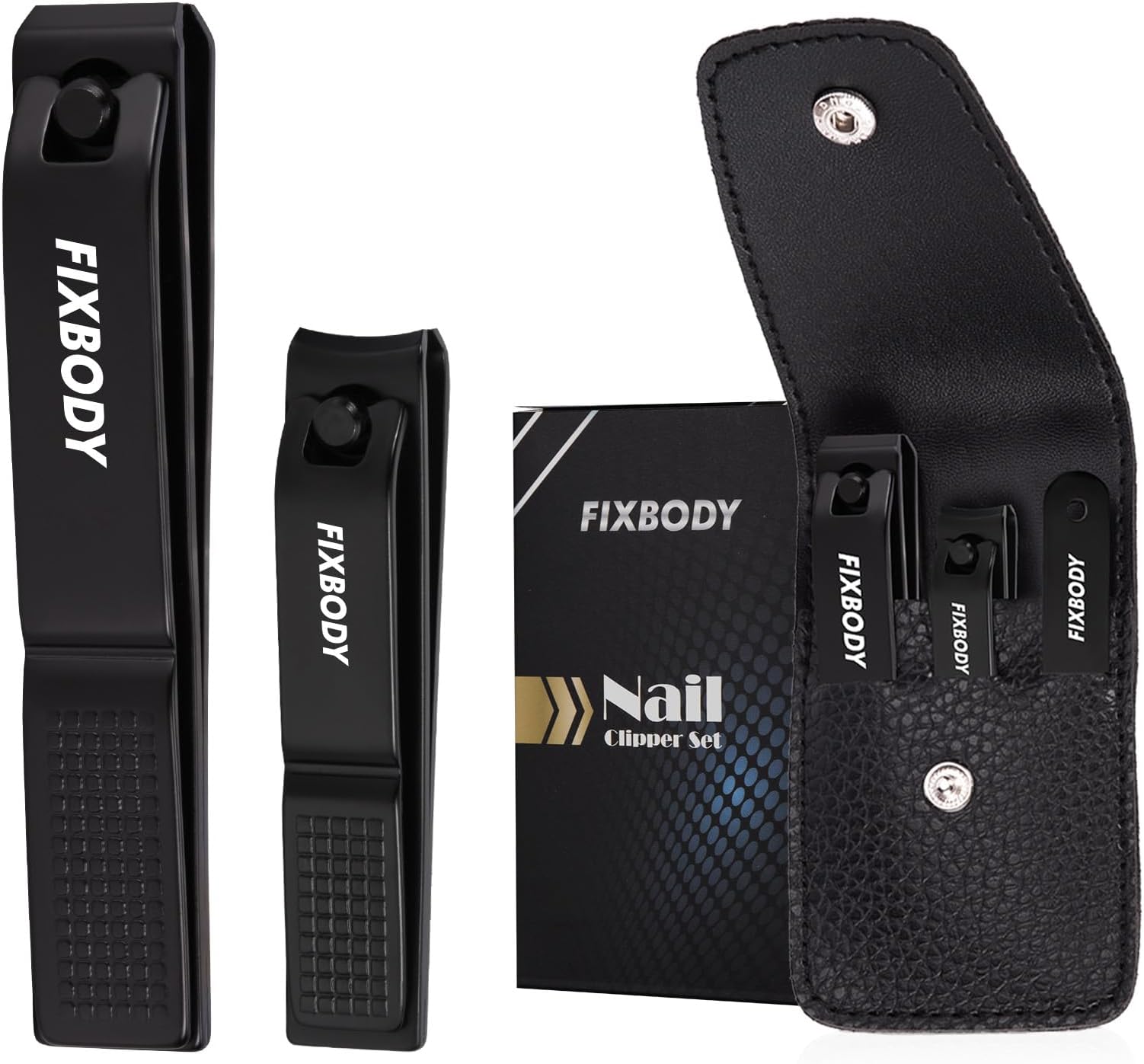 FIXBODY Nail Clipper Set – Black Stainless Steel Fingernails & Toenails Clippers & Nail File Sharp Nail Cutter.