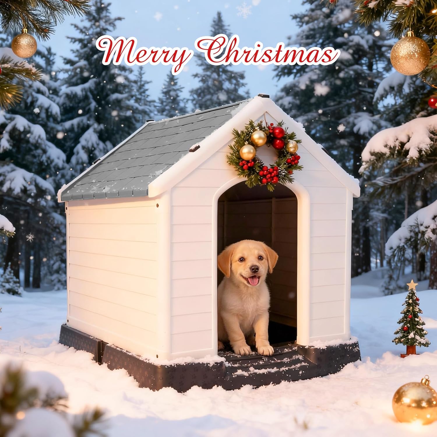 Large Plastic Dog House, Dog Kennel Outdoor Waterproof Doghouse Pet Dog Kennel, Indoor Puppy Shelter w Elevated Floor and Air Vents, Dog Igloo for Small Medium Large Dogs (Grey, 32" H)