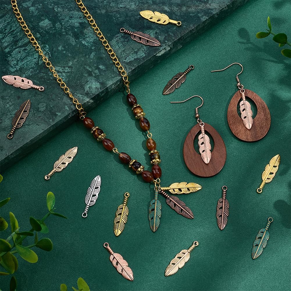 PH PandaHall 160pcs 8 Colors Feather Charms, 1.1 Inch Feather Pendants Tibetan Style Bohemian Leaf Charm Mini Dream Catcher Charm for DIY Crafts Necklace Earrings Keychain Jewelry Making - Image 3