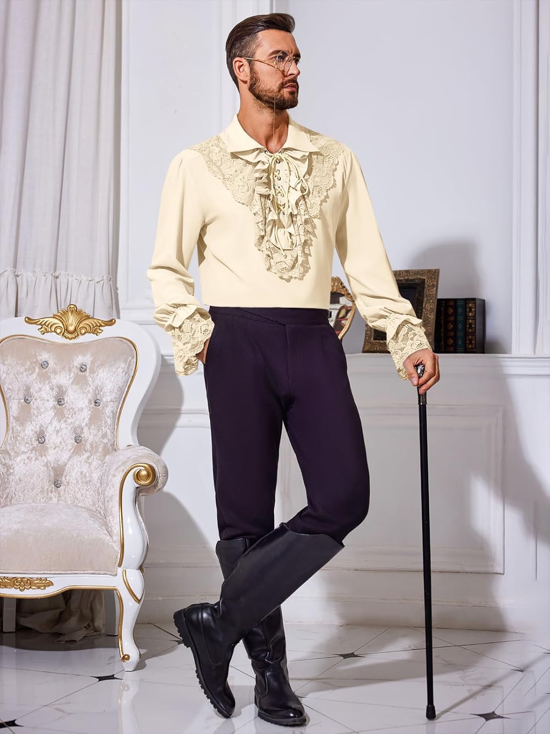 Runcati Mens Pirate Shirt Ruffle Renaissance Victorian Vampire Poet Shirts Steampunk Gothic Medieval Lace Costume - Image 4