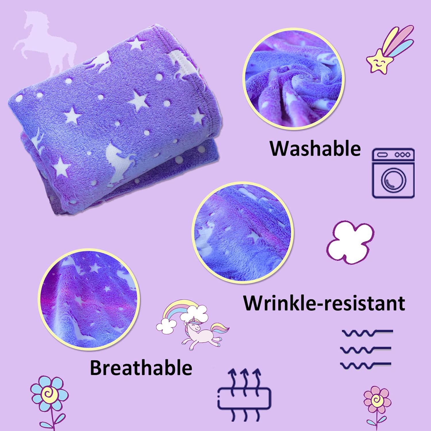 Unicorn Throw Blankets Glow in The Dark Soft Throw Blanket for Girls Boys with Storage Bag, Gifts for Holiday Birthday, Kids Blanket, Day Care Home Travel Use, 50"x60" Purple - Image 2