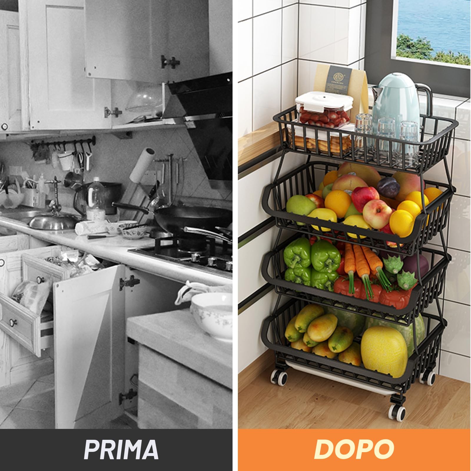 Carrello Portafrutta,Cestino per Frutta a 4 strati Cestino Cesti Impilabili su Ruote,cesto per frutta e verdura per Cucina, Dispensa, Ripostiglio, Bagno,verdura, articoli da toeletta