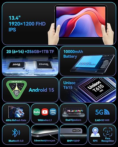 Miniatura 2 de Bpad 13 Tableta de 13.4 pulgadas con pantalla grande Android 15 Tableta 20GB+256GB 10000mAh, Unisoc T615 Octa-Core 1920x1200 FHD con Widevine L1
