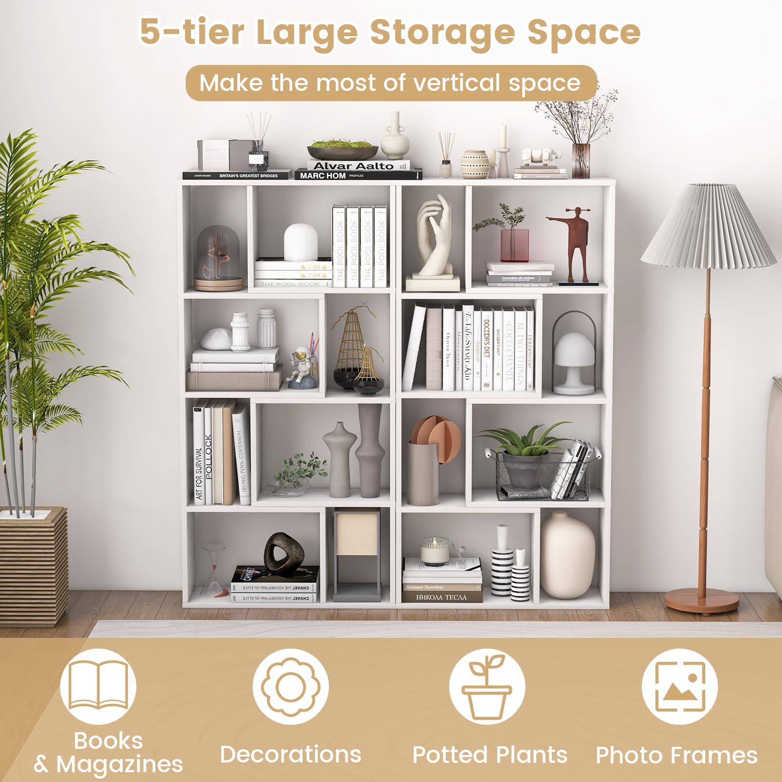 Libreria GIANTEX A 7 Cubi - 80x20x90 Cm, Bianco, Con Antiribaltamento - Per Camera, Ufficio O Soggiorno - Foto 8