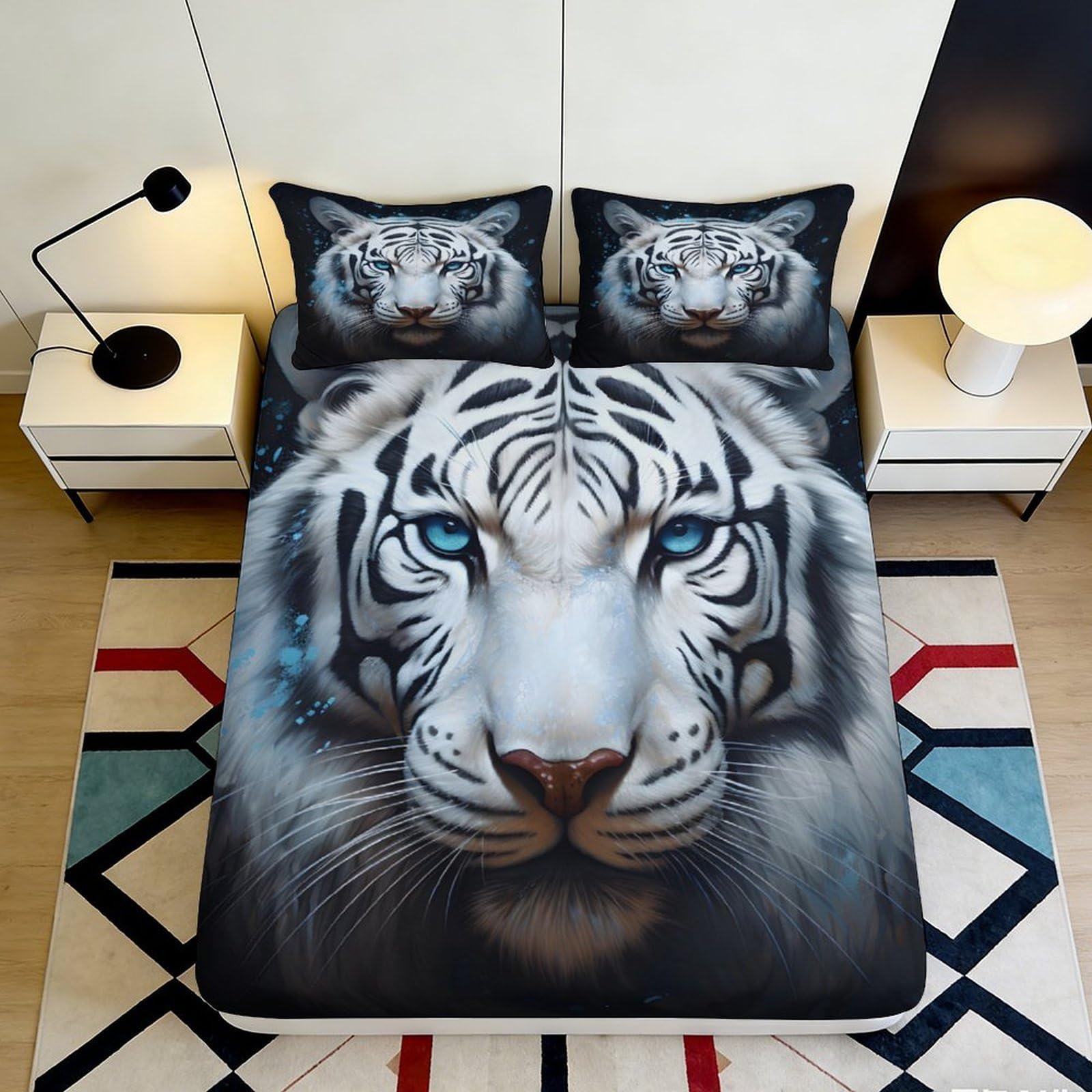 3D Printed White Tiger Fitted Sheet Microfiber Soft Breathable Blue Eyes Bed Cover for Bedroom Dorm Mattress Decor 90x200x25cm