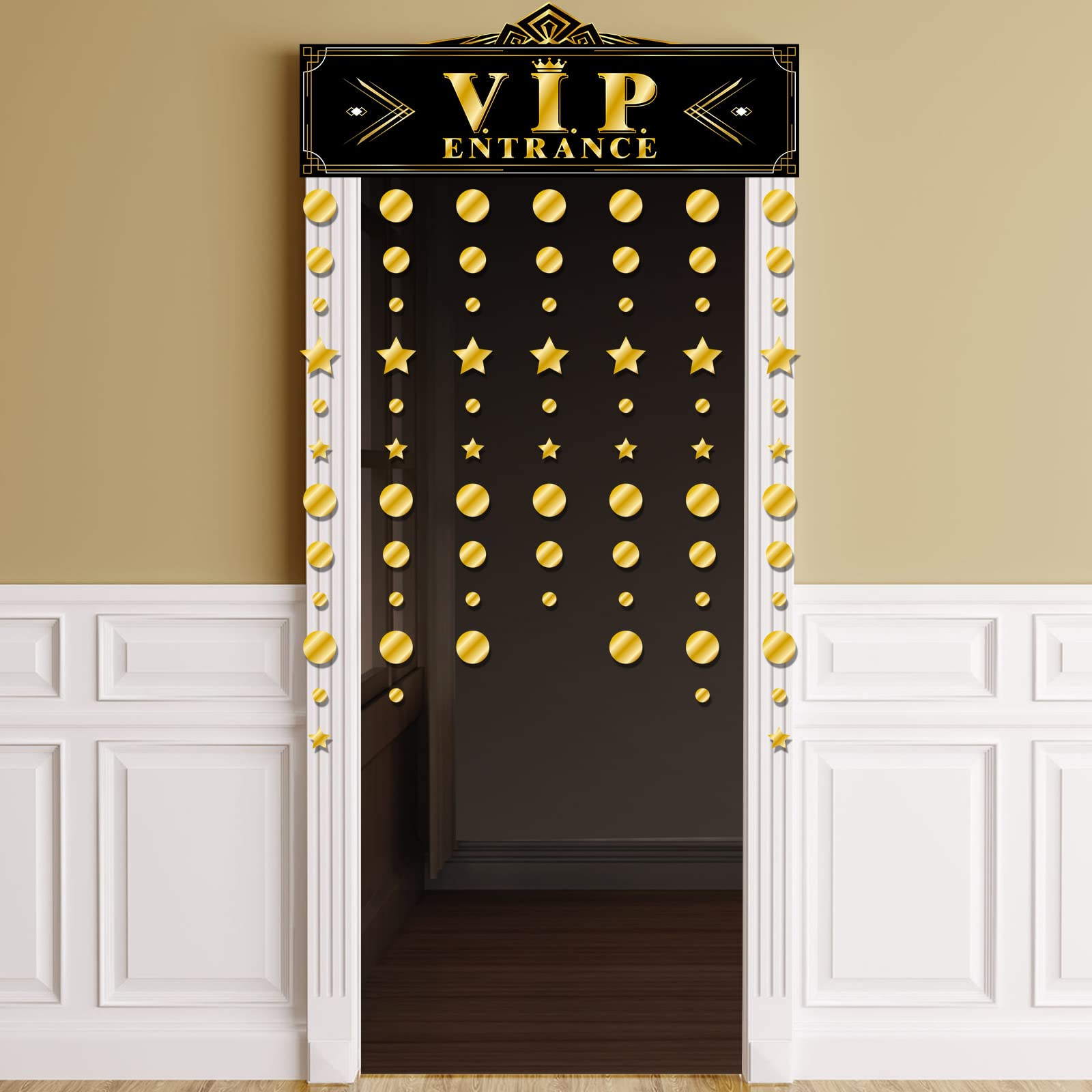 IreerGlam VIP Door Curtain Black and Gold Door Curtain VIP Card Stock Sign VIP Party Doorway Decor Movie Night Door Entrance Decor for VIP Music Award Night Birthday Party Accessory Supplies