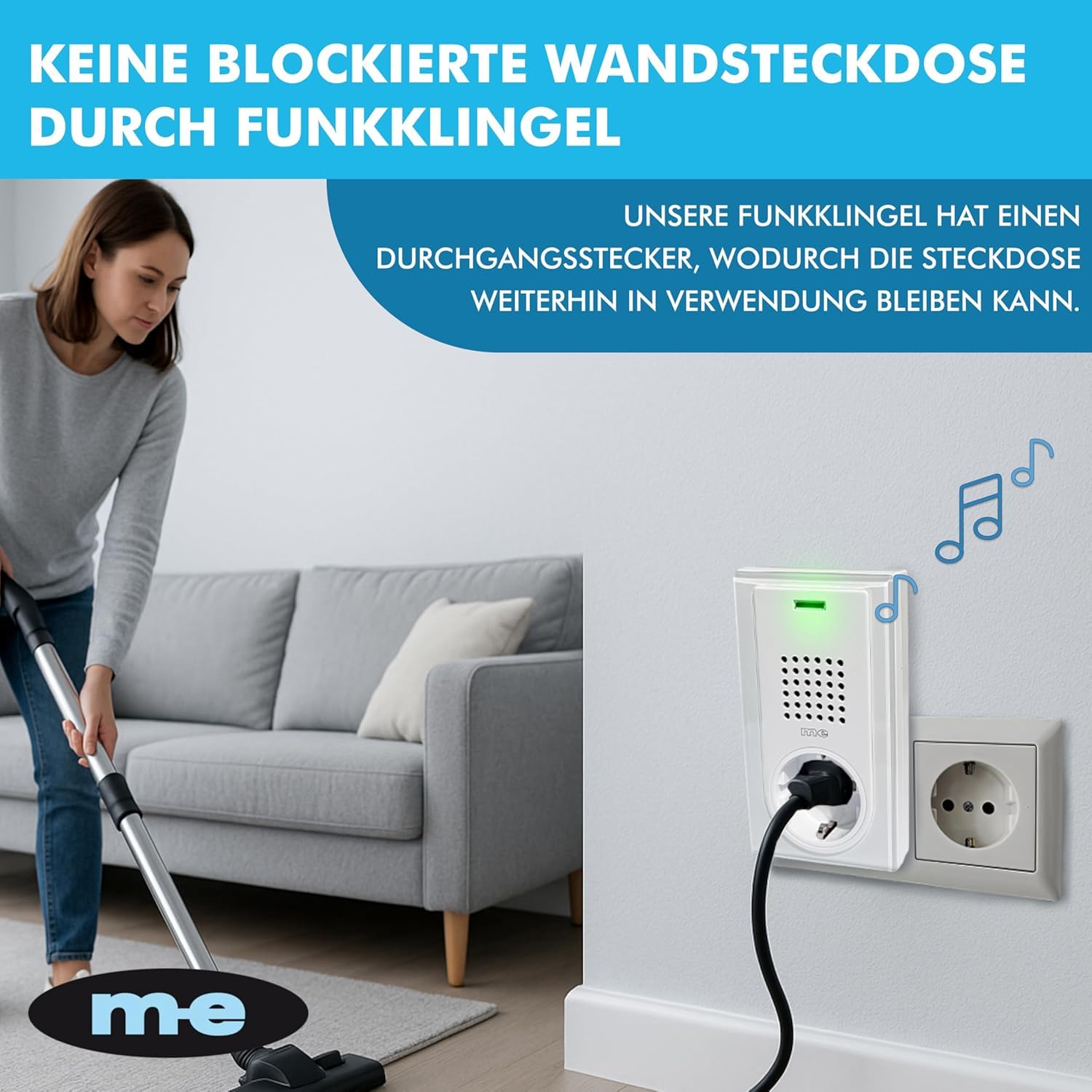 m-e Funkklingel BELL-5032 EG, für 3-Familienhaus, Edelstahl gebürsteter Klingeltaster und 3 Türglocken für Steckdose | Erweiterbare kabellose Funk-Türklingel | 200 Meter Funk-Reichweite