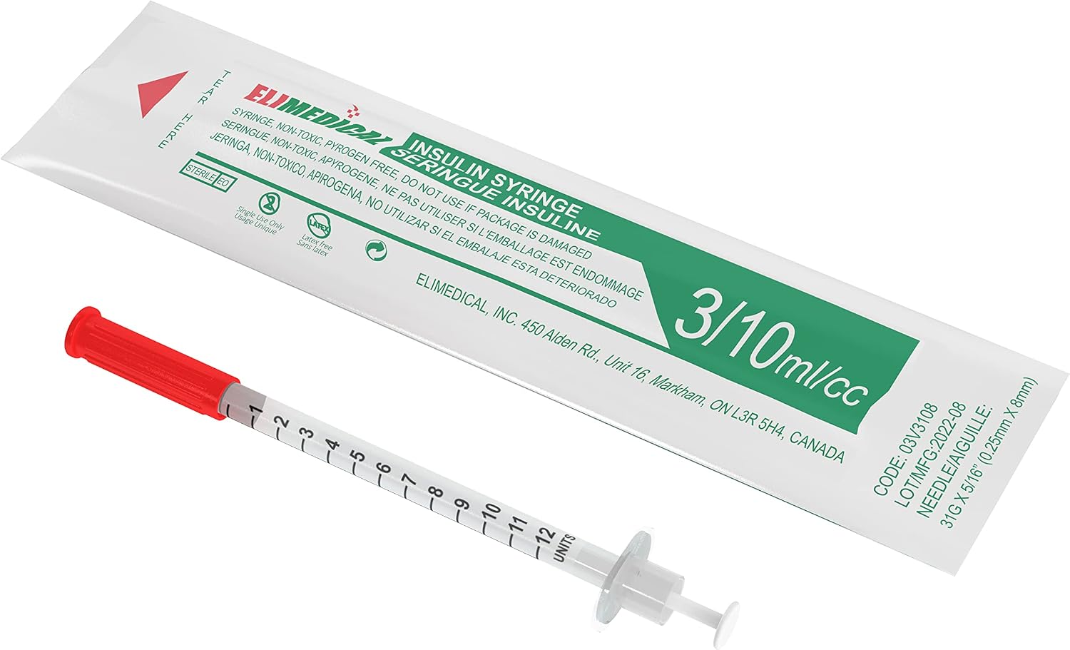 Elimedical Veterinary Insulin Syringe, U-40, 0.3ml (0.3cc), 31G x 5/16 inch (8mm), Individually Packed for Pet Cat or Dog, 100 per Box, 03V3108
