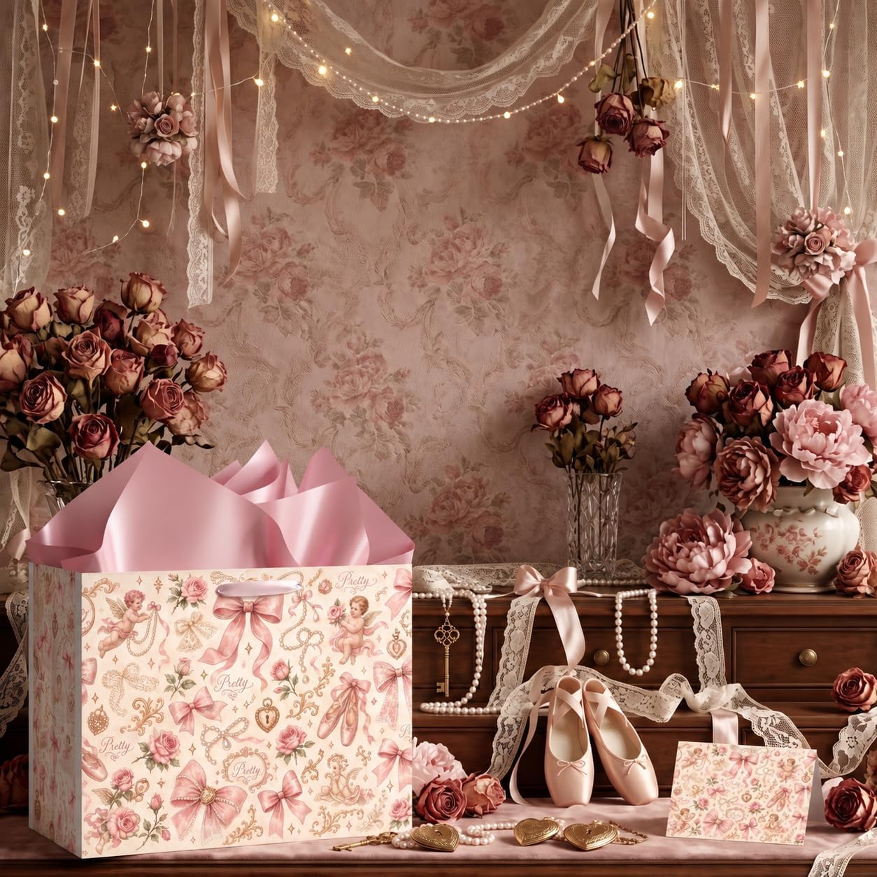 Hkshaoda Pink Bow Gift Bag with Tissue Paper and Bow Greeting Card image 5