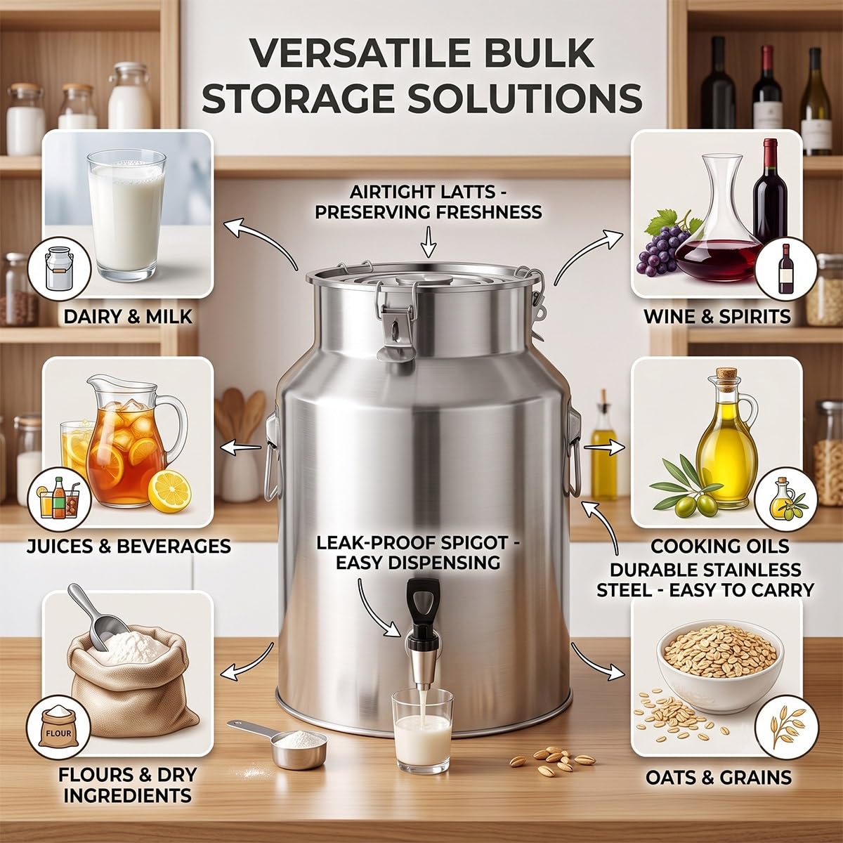 Dispensador de Bebidas de Acero Inoxidable Tanque con Grifo Bidón de Leche | Contenedor Alimentario Hermético con Hebillas de Cierre y Asa de Transporte para Hostelería Vinagre Aceite y Agua(11L)