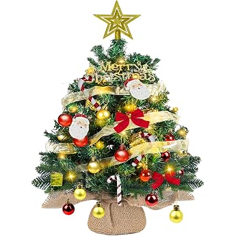 Mini Christmas Tree with LED Lighting 60 cm Small Table Christmas Tree Decorated with Pine Cones Artificial Tree with Decorative Snow Pine for Kitchen/Living Room/Children's Room/Office Decoration