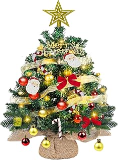 Sapin de Noël avec Éclairage LED 60 cm / 24 Pouces Sapin de Noël de Table Éclairage à Piles Ornements Artificiels pour Bureau Sapin avec Baies, Pommes de pin et Nœuds pour la Maison, la Cuisine