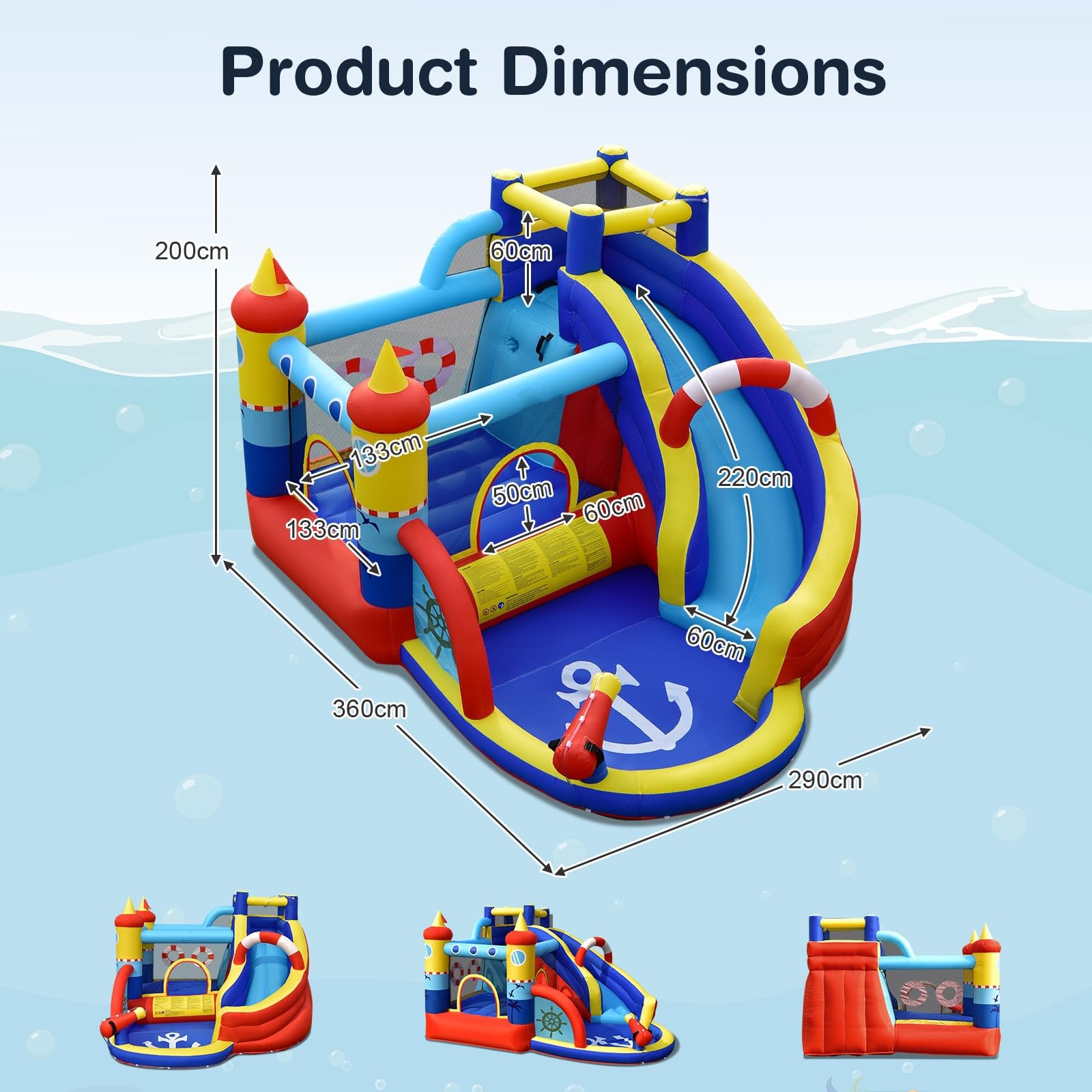 LIFEZEAL Castello Gonfiabile per 4 Bambini 3-12 Anni, Parco Aquatico, con Rete Protettiva, Giochi, Scivolo, Trampolino, Piscina, Cannone dell’Acqua, Interno, Esterno, Tema di Navigazione