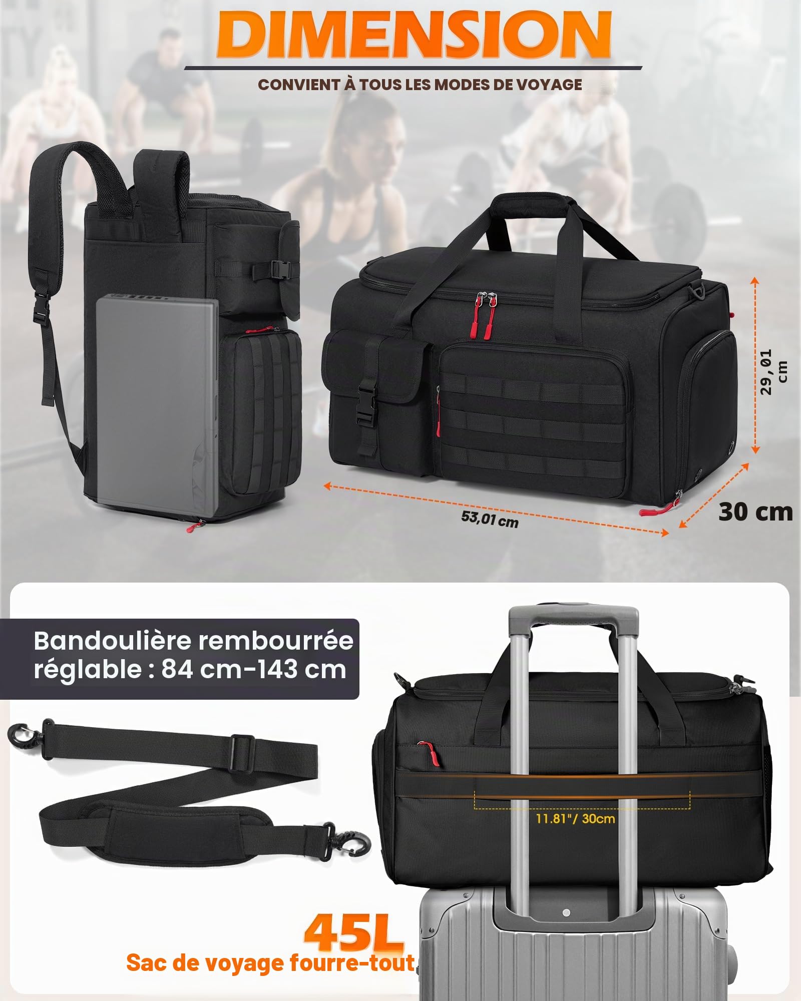 RAINSMORE 3 en 1 Sac de Sport Homme 45L Sacs de Voyage Sac de Weekend | Sac Cabine Bagage avec Fonction Sac à Dos 45L avec Compartiments Chaussures et Ordinateur Portable