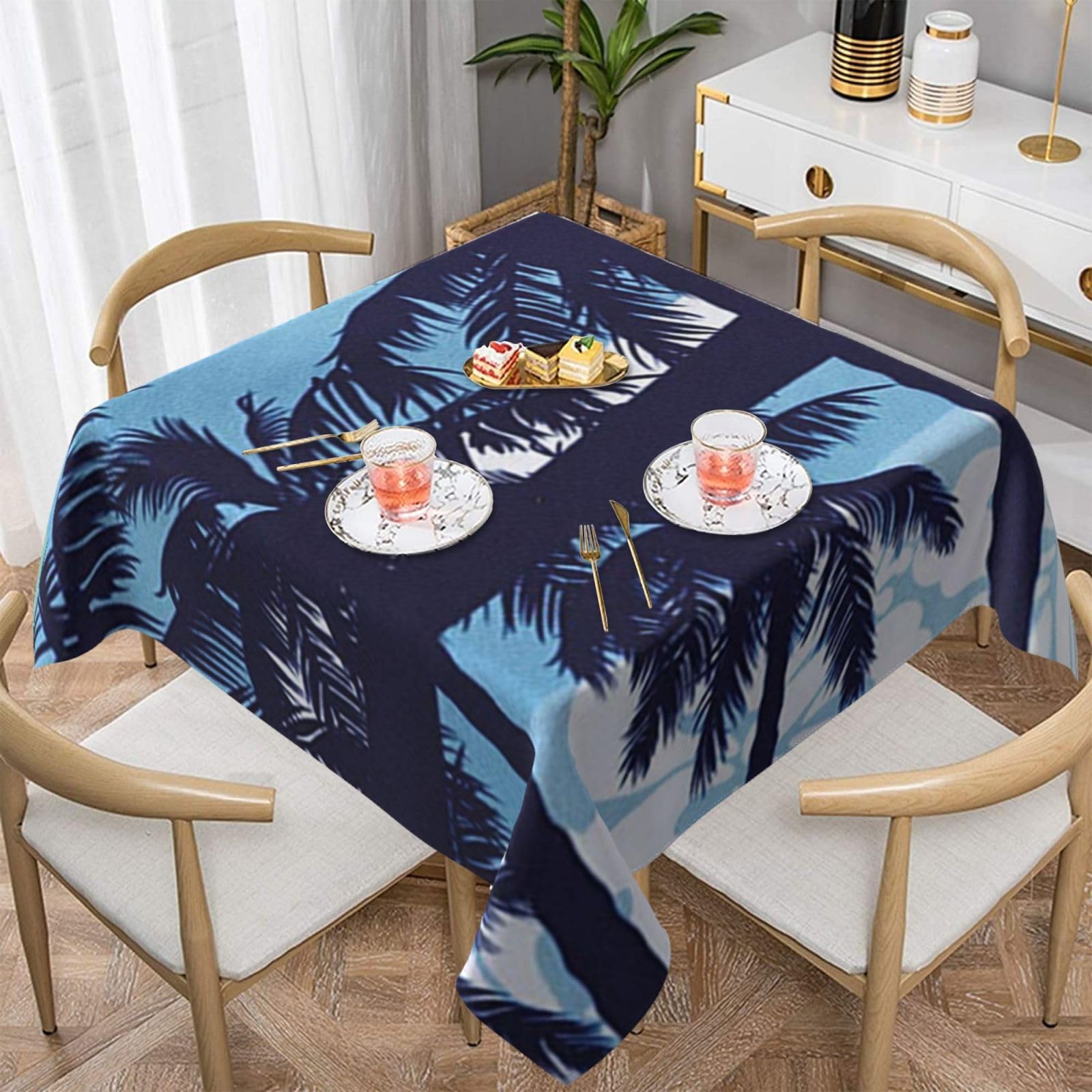Nappe carrée palmier bleu 137x137 cm imperméable et décorative pour table de cuisine