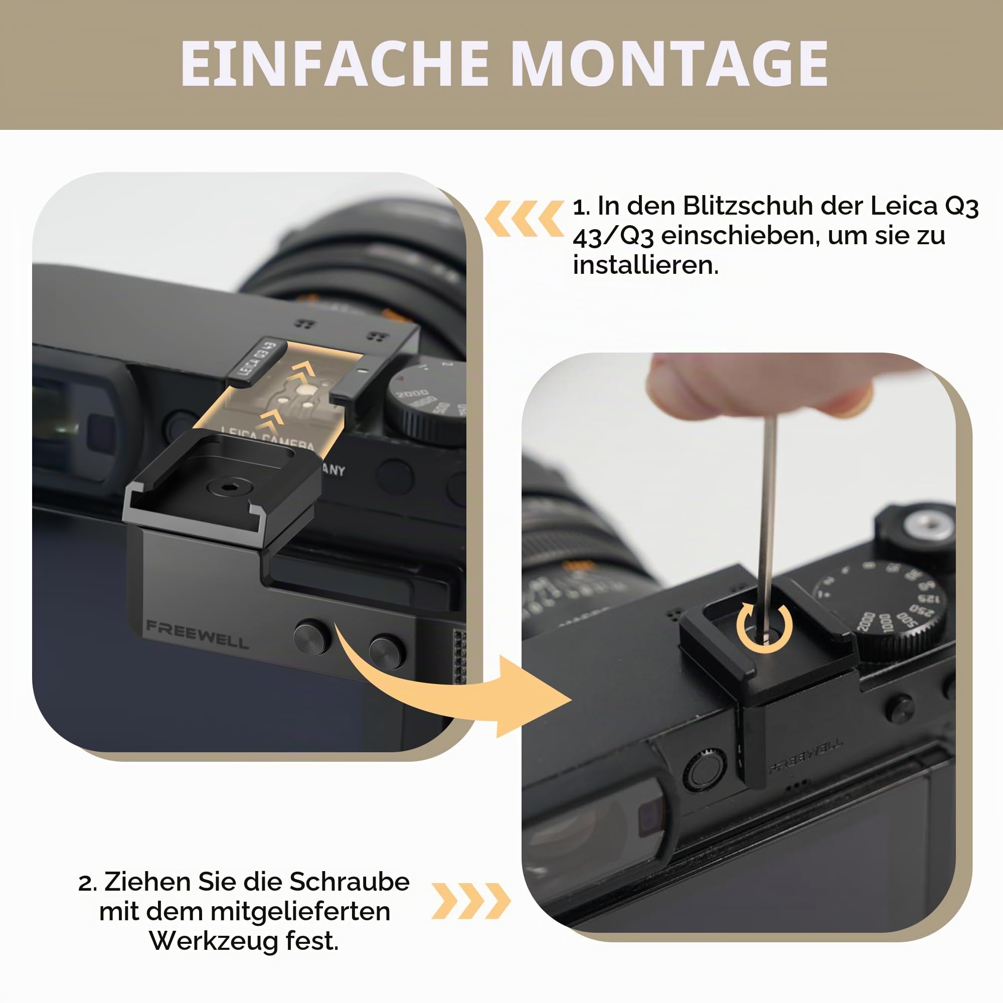 FREEWELL Daumengriff für Leica Q3 & Q3 43 mit Kaltschuhhalterung, CNC Aluminium, Kratzfeste Silikonpolsterung