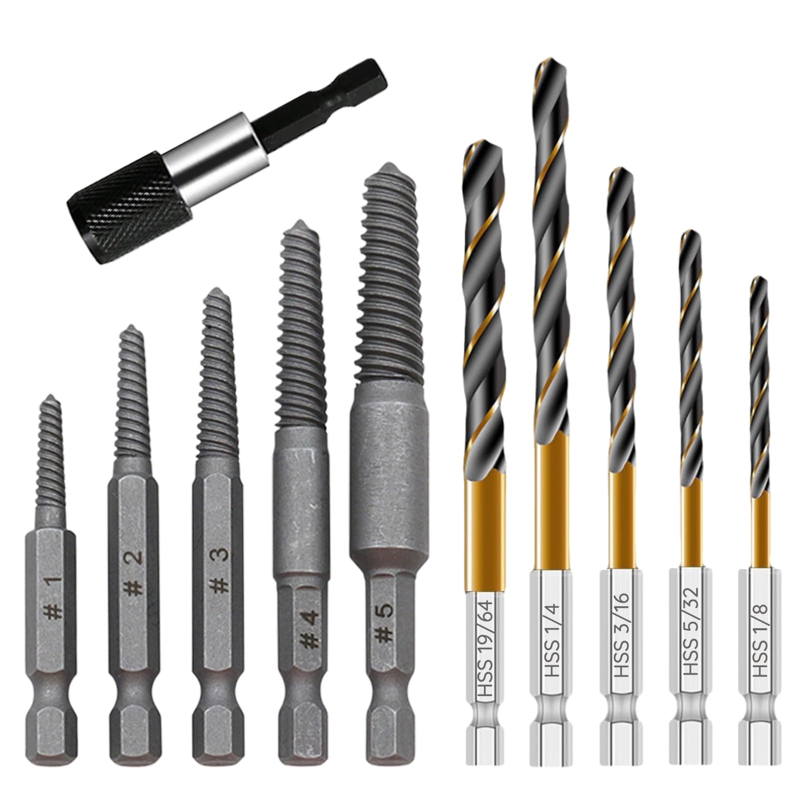11 Pcs Screw Extractor and Left-Hand Drill Bit Set, Easy Out Broken Bolt Remover Reverse HSS Cobalt Drill Screw Extractor Kit, 1/4'' Adaptor,Ez Out Stripped, Rounded-Off, Damaged Broken Screw Bolts