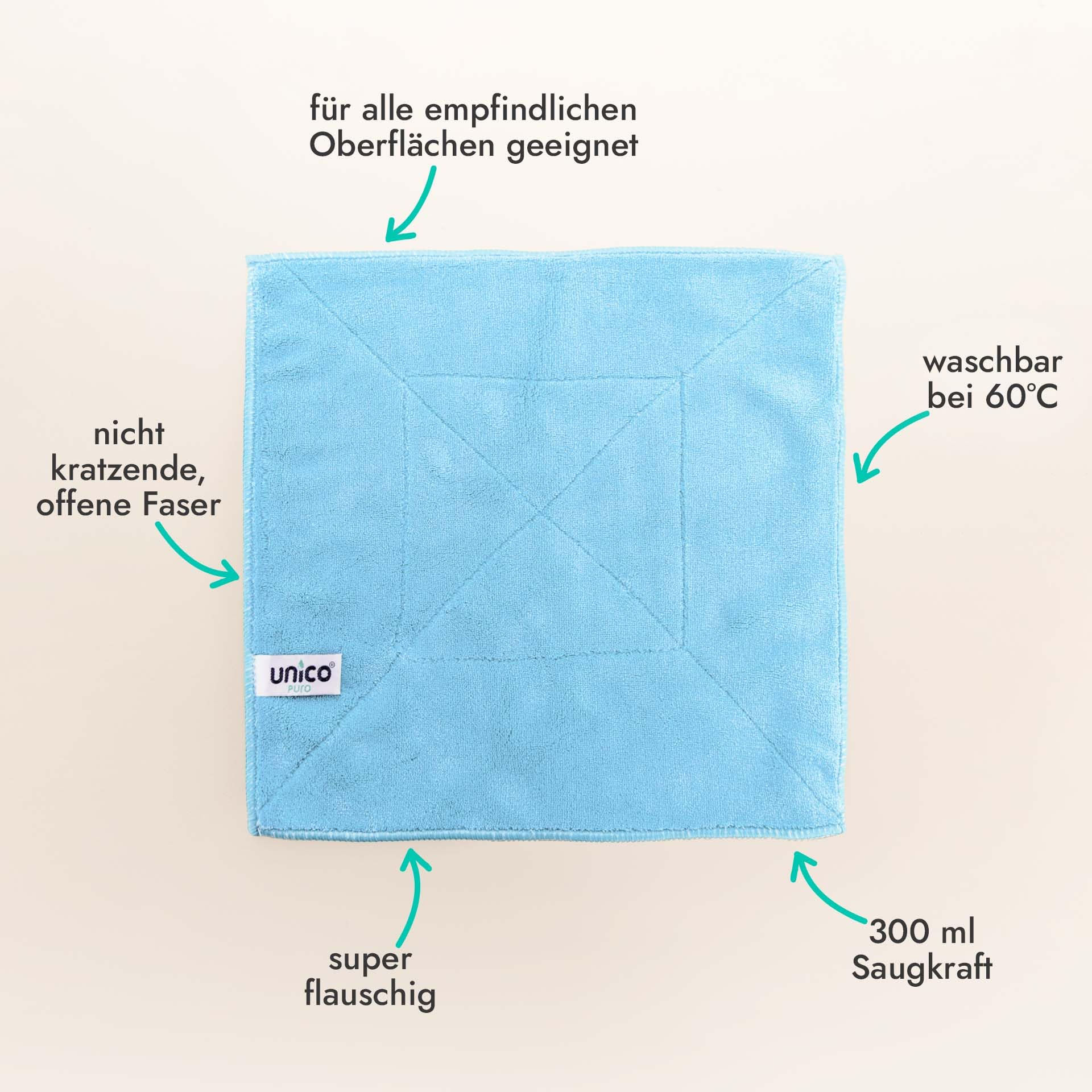 unicopuro® Soft Touch Microfasertuch 30 × 30 cm blau 8er Set – 300 ml Flüssigkeitsaufnahme – offene Faser ohne Schlaufen – ultraweiches, hochfloriges Reinigungstuch, 60 °C waschbar