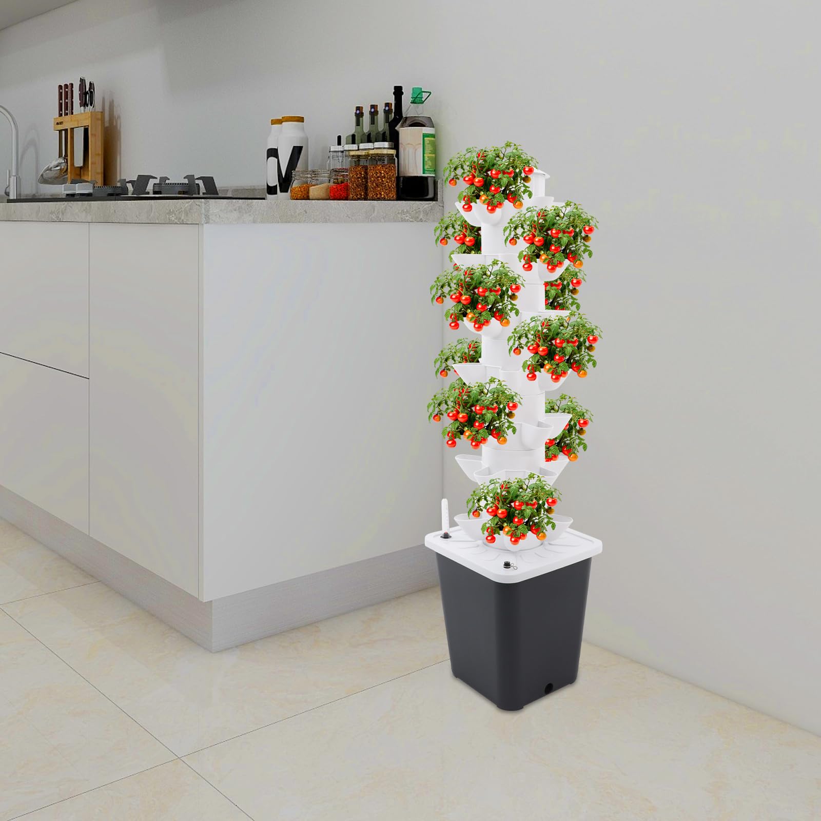 Torre idroponica a 7 piani con irrigazione automatica, 35 fori per piante vegetali/erbe 90-95%, risparmio d'acqua, design verticale salvaspazio per cucina, balcone e ufficio (bianco+grigio)