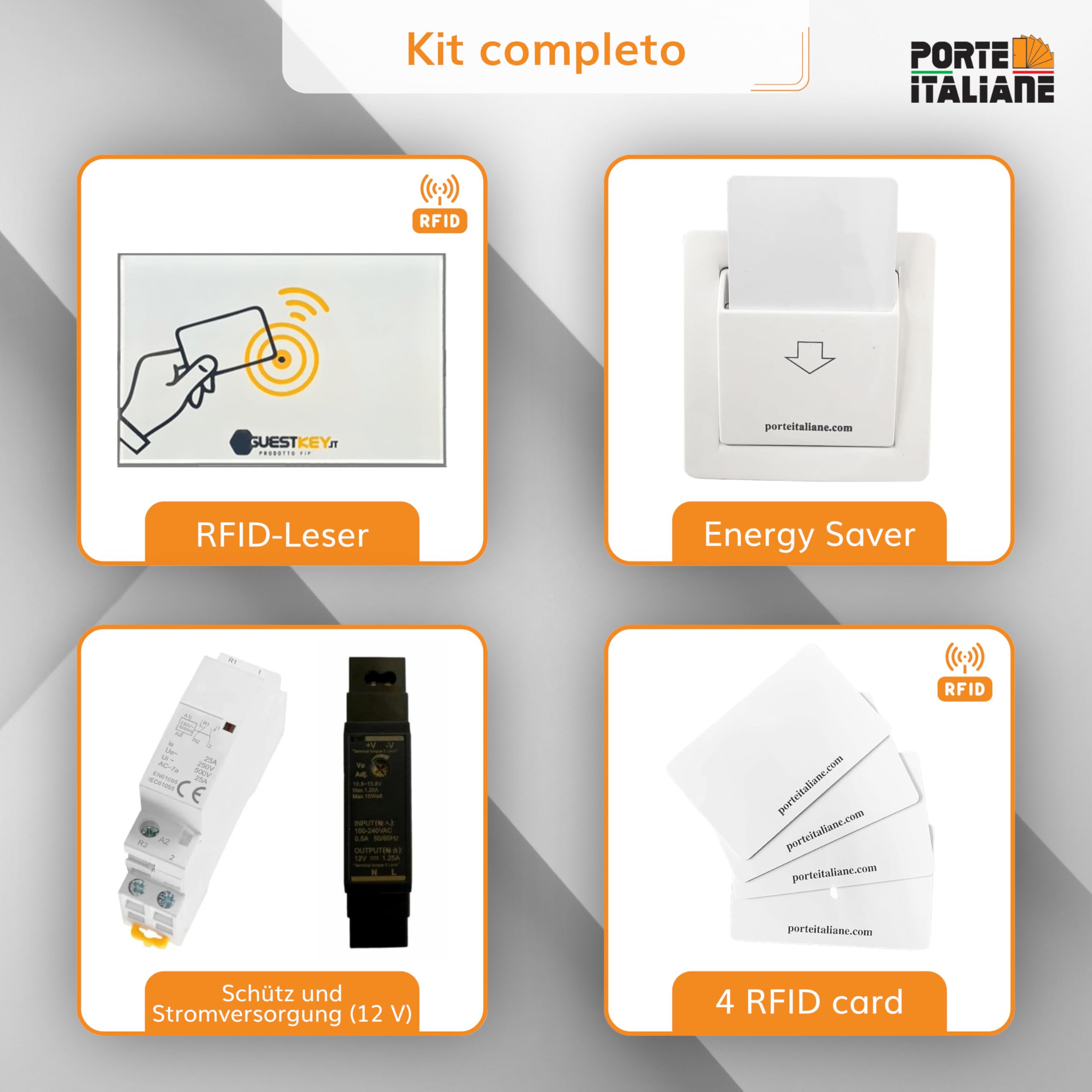 Porte Italiane, RFID-Kartenleser zur Türöffnung und Zugangskontrolle in Zimmern von B&Bs, Hotels und Herbergen, mit Energiespartasche, Komplettset mit 4 RFID-Karten, Basisversion