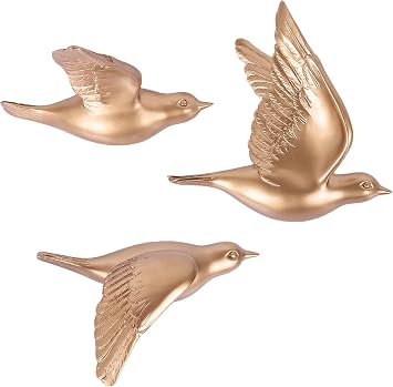 SHENGTIAN 3 Piece 3D Bird Wall Hanging - Gold Wall Decor Flying Birds Wall Sculptures, Resin Relief Art Work for Home Wall Decor, Small Unique Wall Art Gold