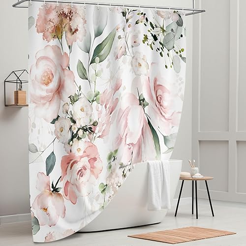Vista 66 de Tititex Cortina de ducha de lino sintético de 4.94 oz/m², diseño floral azul con hojas doradas con flores, decoración de baño, juego de cortinas
