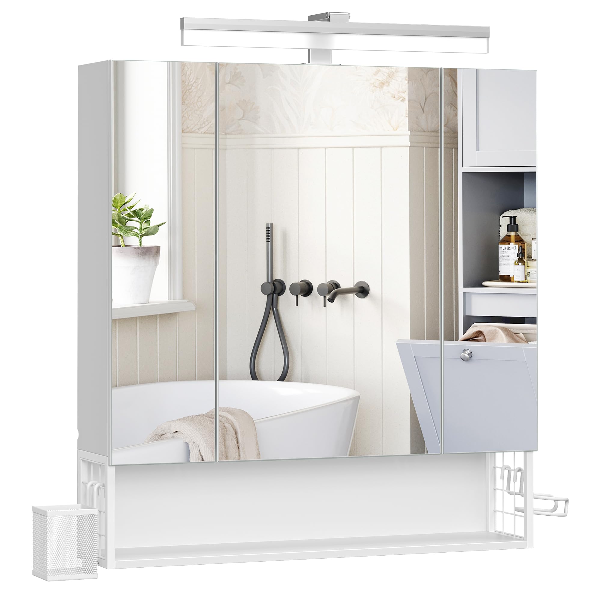VASAGLE Mueble de Baño con Iluminación LED, 16,5 x 70 x 75 cm, Múltiple Toma de Corriente, Cesta Colgante, Soporte para Secador de Pelo, para Lavabo, Blanco Nube BBK126W01