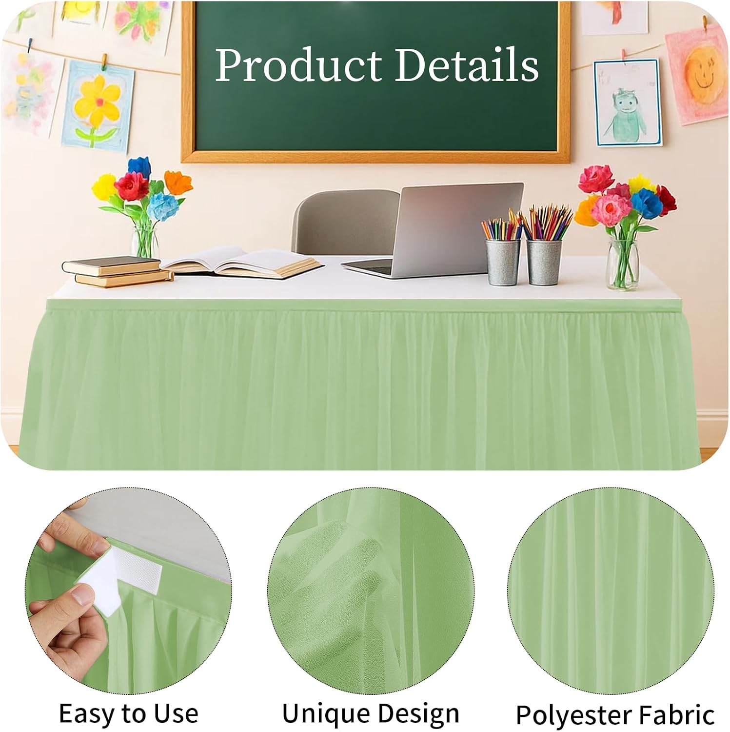 6FT Tulle Table Skirt for Teacher Desk Ruffle Table Cover | Desk Skirt Back to School Supplies for Kindergarten Preschool Middle School Classroom Decor, Sage Green