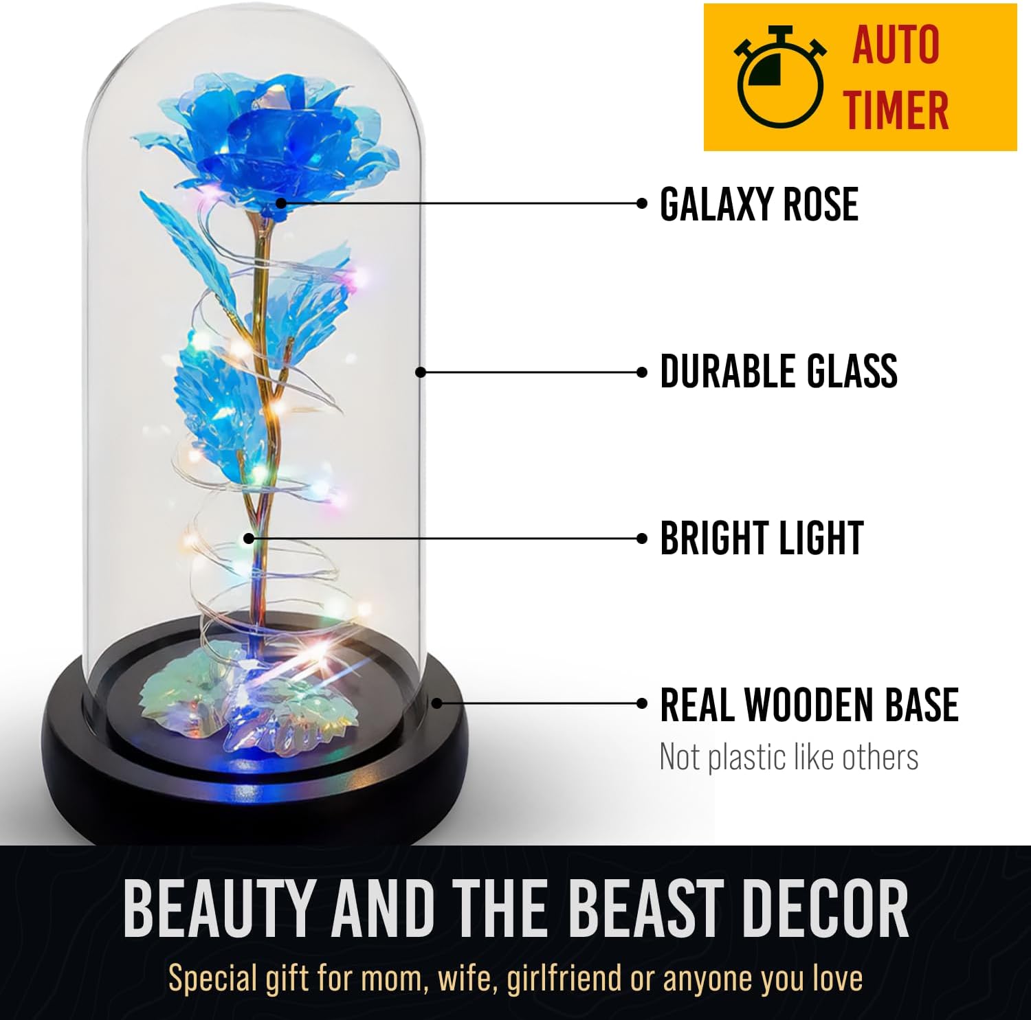 Galaxy Roses - Eternal Glass Rose with LED Lights & Timer - Coolest Gifts for Girlfriend Mom Wife Daughter Women - Beauty and The Beast Rose for Christmas Wedding Anniversary Birthday - Blue