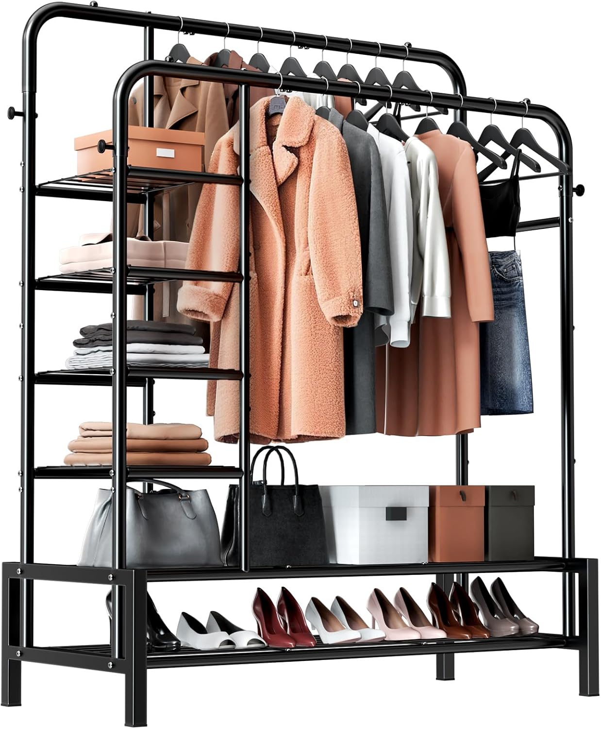 Clothes Rack, Double Rods Clothing Rack with 2 Bottom Shelves & 4 Side Shelves, Metal Garment Rack for Hanging Clothes, Heavy Duty Clothes Rack for Bedroom, Laundry, Living Room, Black Clothes Rack, Double Rods Clothing Rack with 2 Bottom Shelves & 4 Side Shelves, Metal Garment Rack for Hanging Clothes, Heavy Duty Clothes Rack for Bedroom, Laundry, Living Room, Black