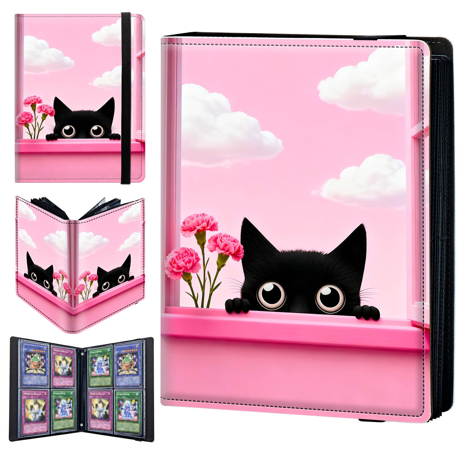 4 Pocket Trading Card Binder 320 Side Loading Pocket Album with Pink Flowers & Cat Pattern Design Card Binder for Sports Cards & Game Cards