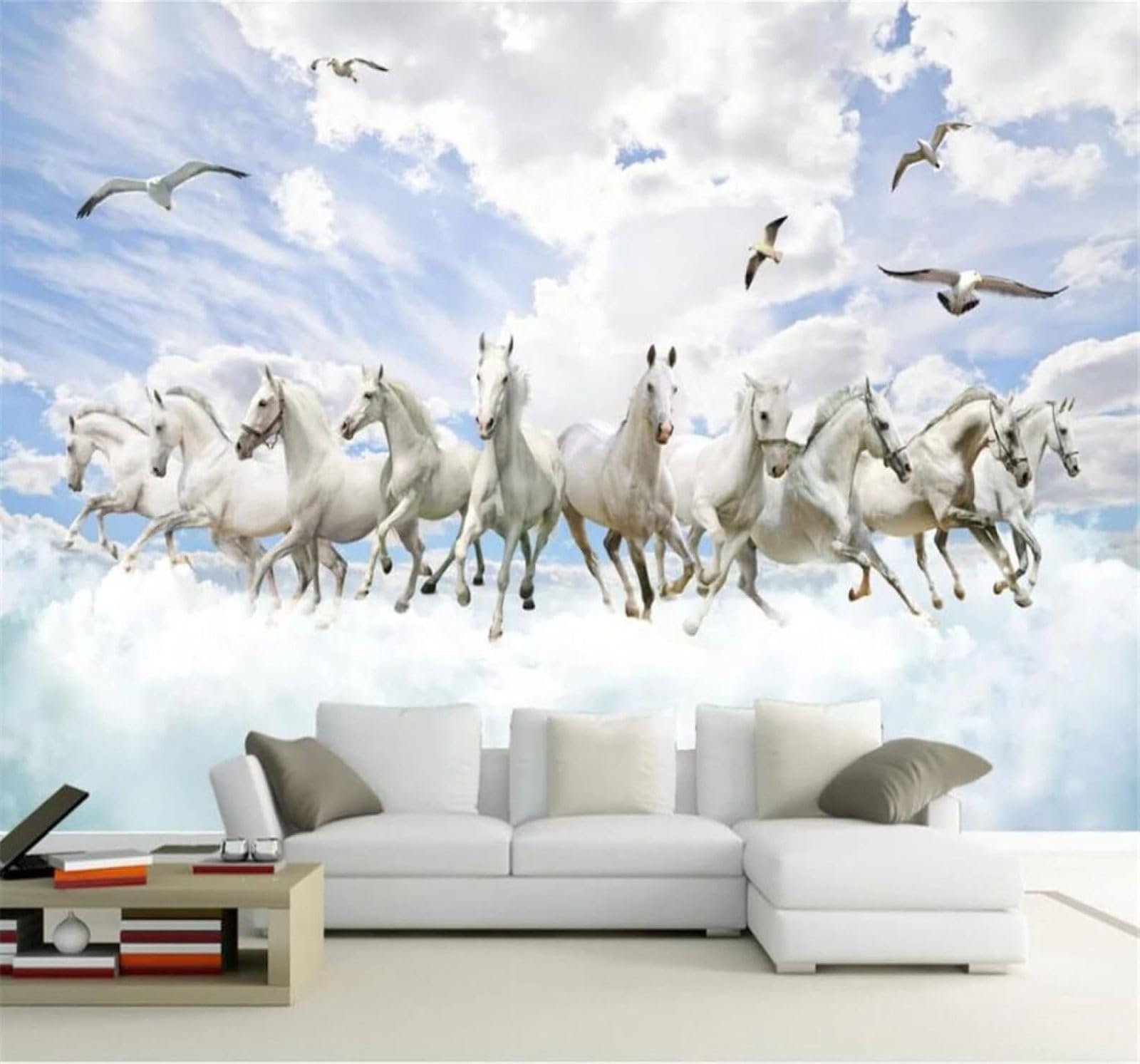 XLMING Blue Sky White Clouds Birds in Flight White Horse Art 3D Wallpaper Silky Texture Home Study Office Grey Dining Room Sofa Bedroom Living Room TV Backdrop-400cm×280cm