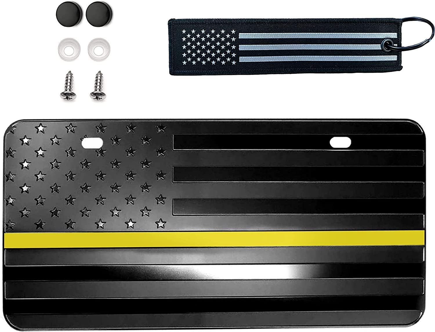 American Black USA Emergency Dispatchers Safety Telecommunication Support Honoring Embossed FlagAluminum 2 Hole Novelty License Plate, 3D Stars Stripes Textile US Flag Keychain (Yellow LINE)